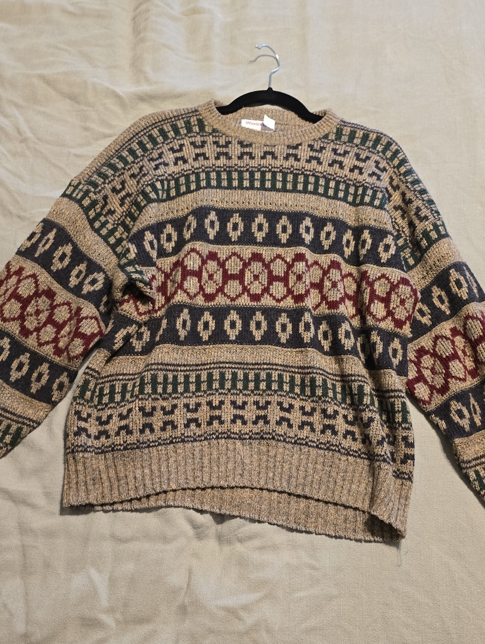 Men's Patterned Crewneck Sweater in Tan with Multicolor Pattern